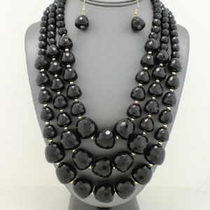 three Layers Black Bead Necklace Earring Set
